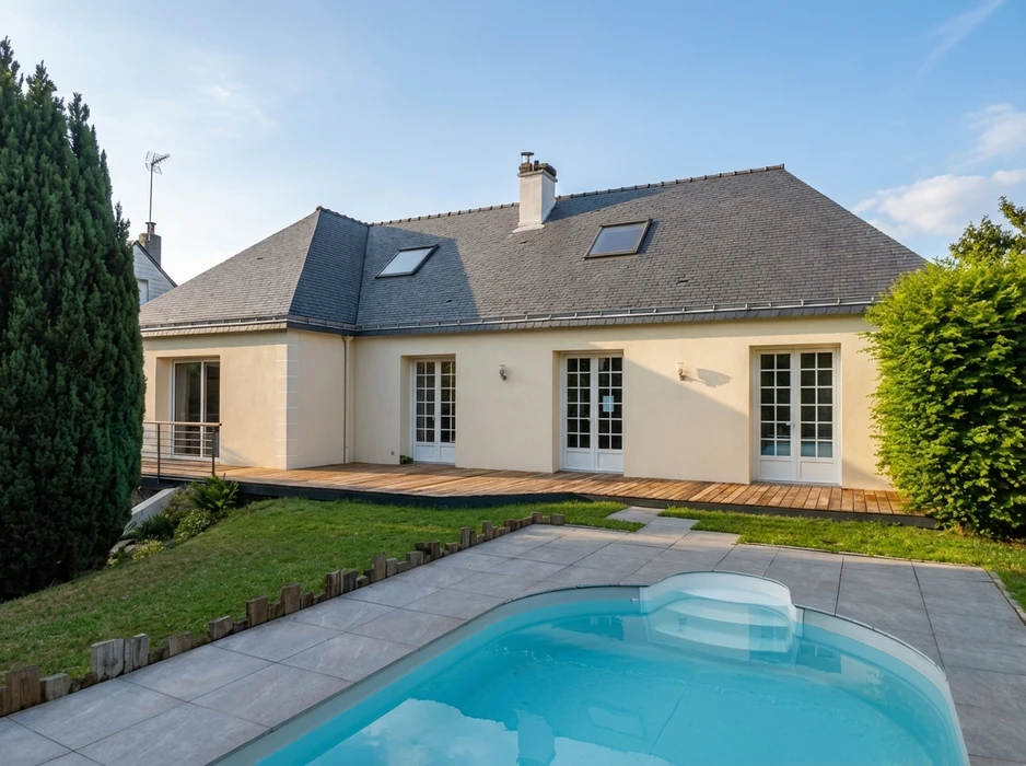 Maison individuelle de plain-pied avec combles aménagés, façade enduit beige, toiture en ardoise naturelle avec lucarnes à tabatière