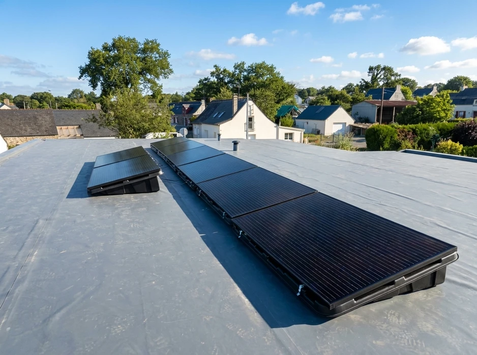 Toiture terrasse avec membrane EPDM grise, équipée de panneaux solaires photovoltaïques monocristallins noirs, montés sur ballasts d'inclinaison fixes