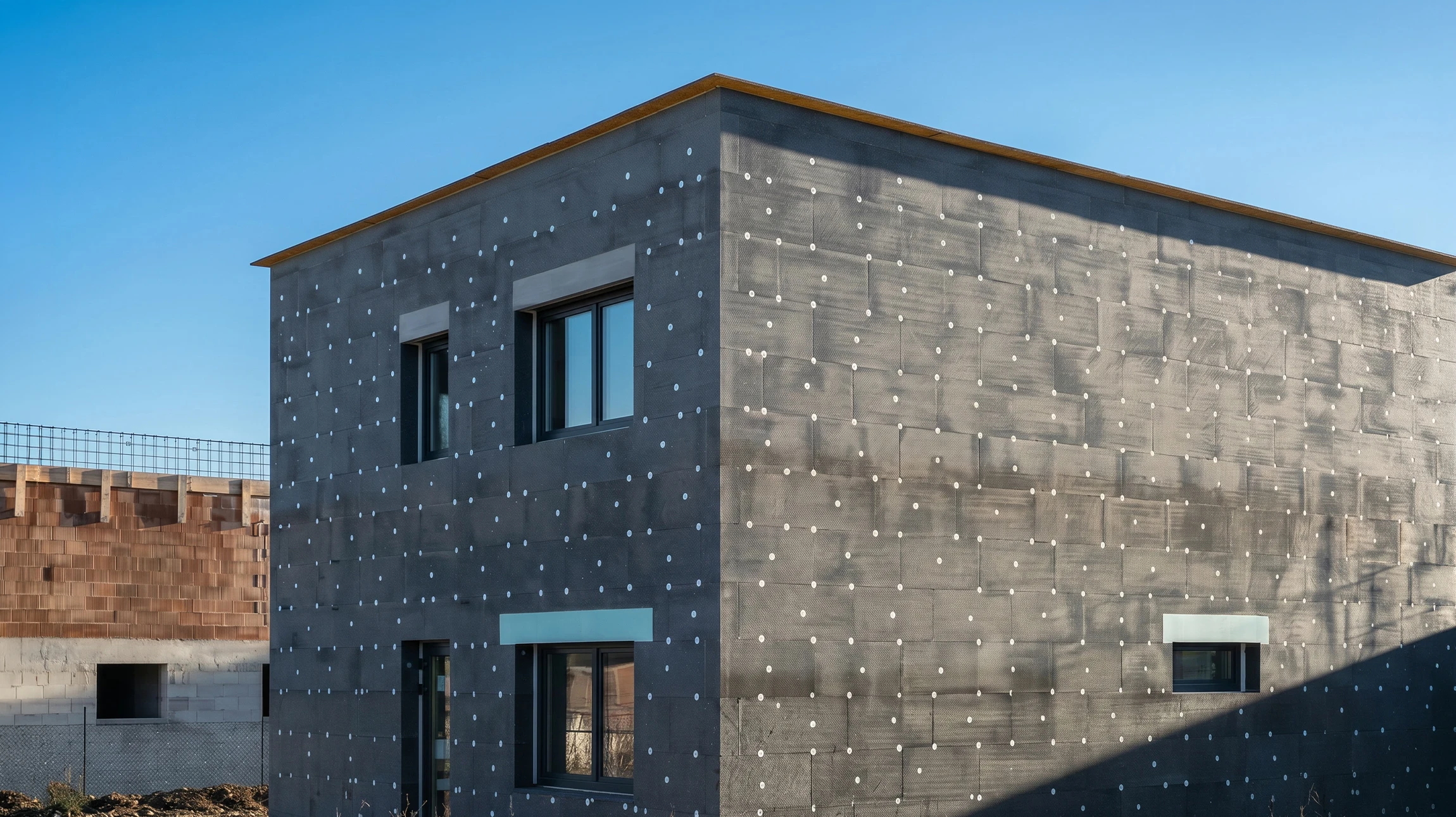 Maison individuelle moderne avec façade vert clair et soubassement brun, toiture tuiles brunes, fenêtres à encadrements rouges