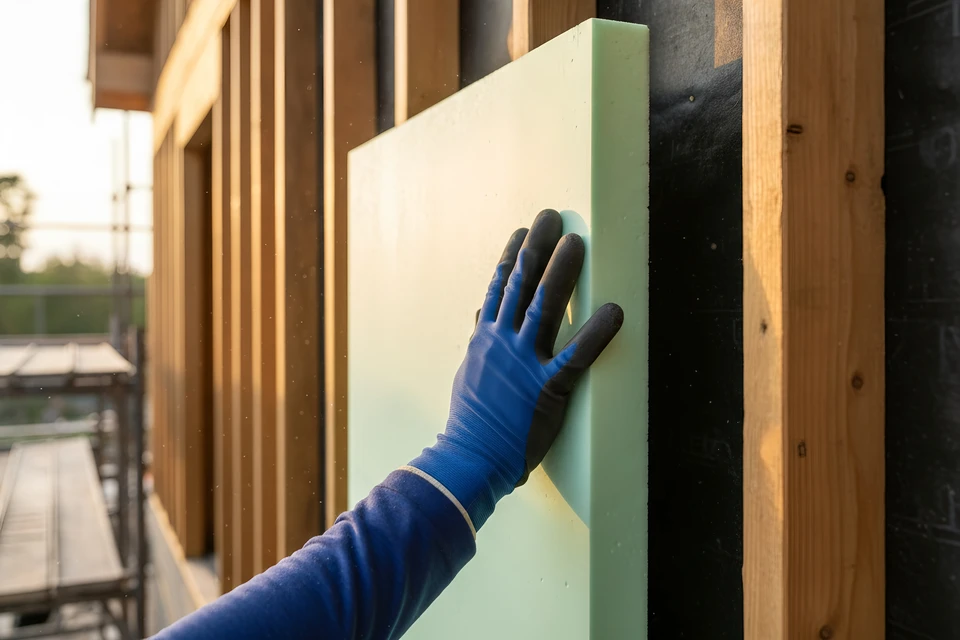 Maison individuelle contemporaine avec façade crépie beige, toiture en tuiles mécaniques grises, cheminées maçonnées