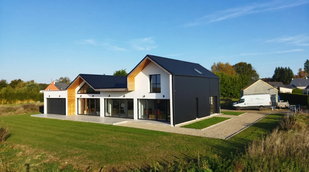 Vue aérienne d'un lotissement en construction, deux rangées de maisons individuelles en briques monomur rouge avec charpentes bois apparentes en cours de pose