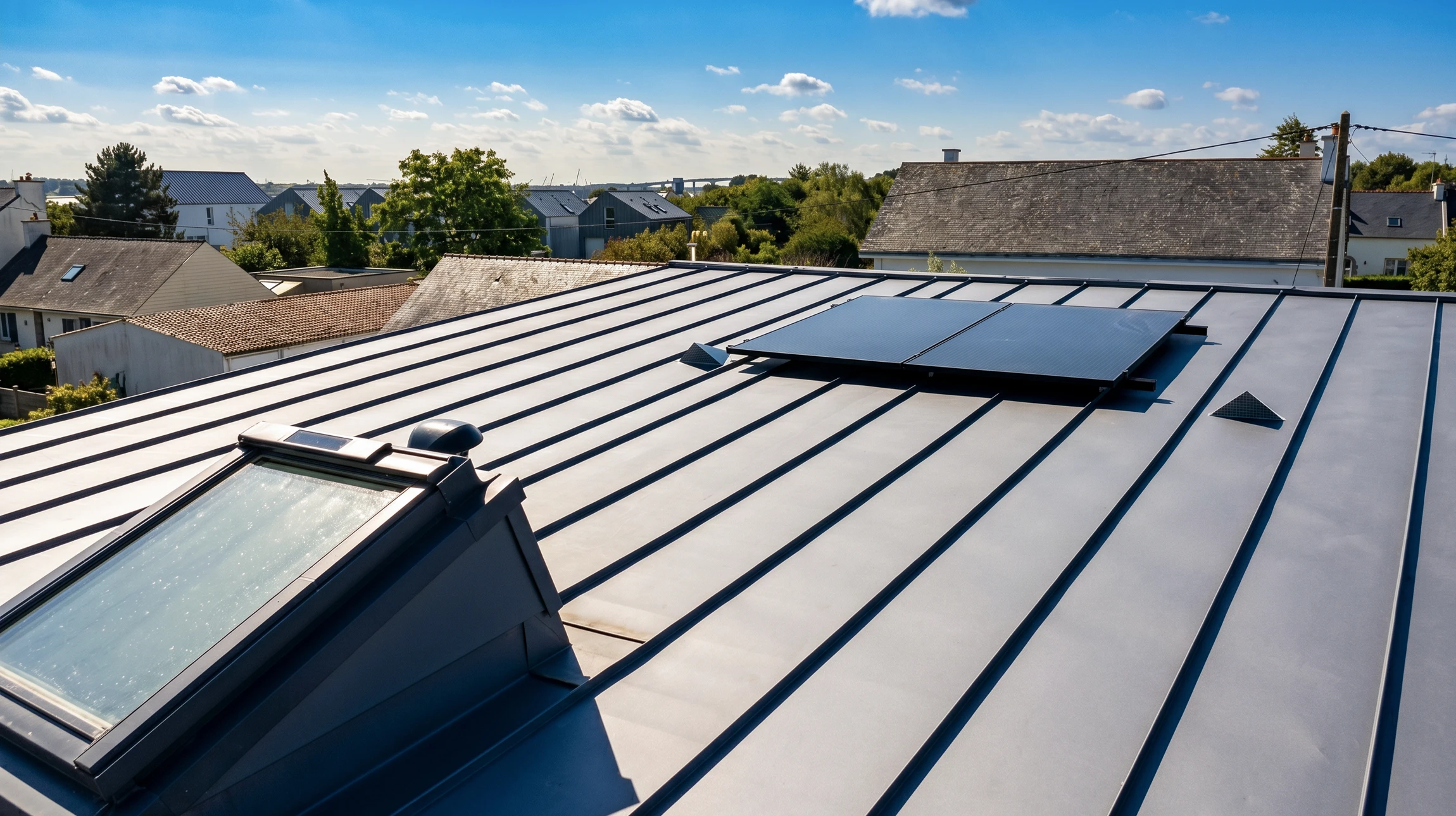 Photographie d'une maison résidentielle avec sa toiture fraîchement rénovée en zinc ou aluminium, visible depuis le sol ou depuis un angle légèrement surélevé. La toiture doit être clairement visible, montrant la qualité de la pose et l'éclat du matériau (zinc ou aluminium). En arrière-plan, un ciel dégagé ou légèrement nuageux. L'image doit refléter le professionnalisme et la finition soignée d'un travail de couverture de haute qualité.