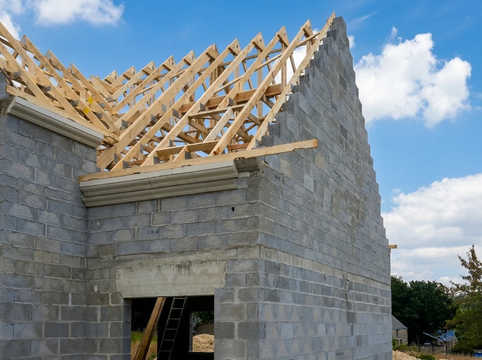 Photographie réaliste montrant un charpentier ou deux charpentiers travaillant sur une charpente bois sur un chantier de toiture. La scène doit montrer des outils de charpente (marteaux, scies, équerre, niveau), des poutres en bois ou des éléments structurels de toiture, et les artisans en tenue de travail effectuant les réparations ou la consolidation. Le contexte doit clairement évoquer un chantier de rénovation de toiture (poutres apparentes, structure bois en place, environnement de chantier intérieur sous toiture ou sur combles).