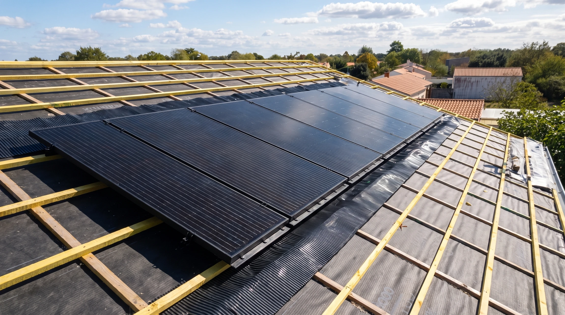 Ouvrier en tenue de sécurité haute visibilité et casque jaune installant des panneaux solaires photovoltaïques sur toiture résidentielle en bardeaux rouges, ciel bleu dégagé