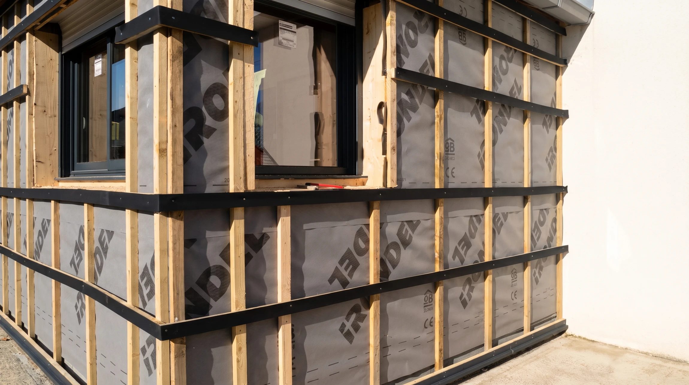 Intérieur de bâtiment en construction montrant une charpente en bois massif avec poutres, chevrons et fermes apparentes